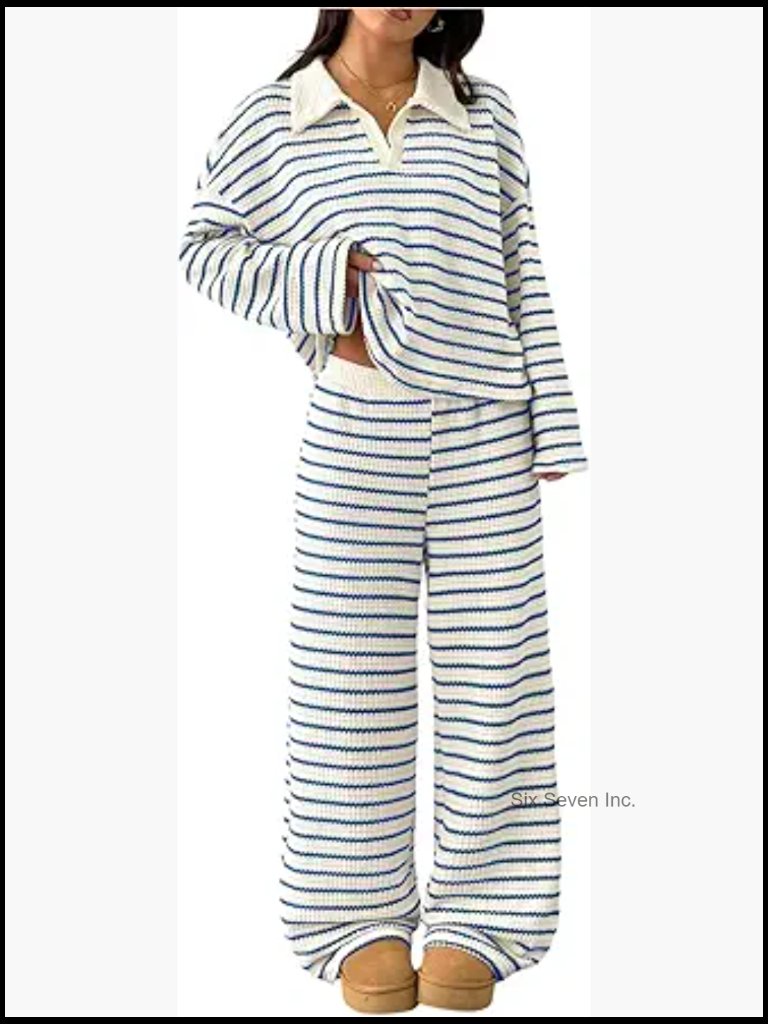 Striped Lounge Set 2 Piece Matching Long Sleeve Shirt Wide Leg Pants Airport